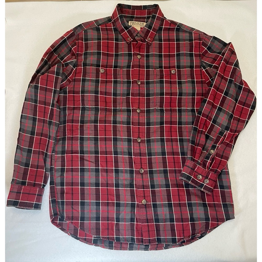 Duluth Trading Co Mens L Plaid Flannel Shirt Red Gray 100% Cotton Button Up